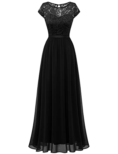 DRESSTELLS Damen Spitzenkleid Lang Brautjungfer Formelles Kleid Hochzeitskleid Chiffon Abendkleid Black 2XL von DRESSTELLS