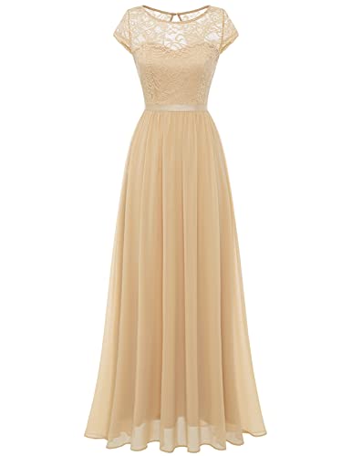 DRESSTELLS Damen Spitzenkleid Lang Brautjungfer Formelles Kleid Hochzeitskleid Chiffon Abendkleid Champagne XL von DRESSTELLS