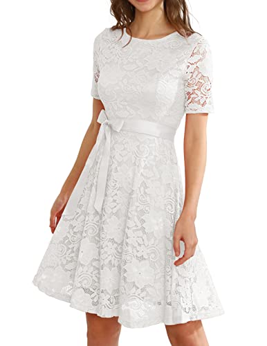 DRESSTELLS Damen Kleider Spitzenkleid Cocktailkleid Festliches Ballkleid Brautjungfernkleider für Hochzeit A-Line Knielang Abendkleider White 2XL von DRESSTELLS