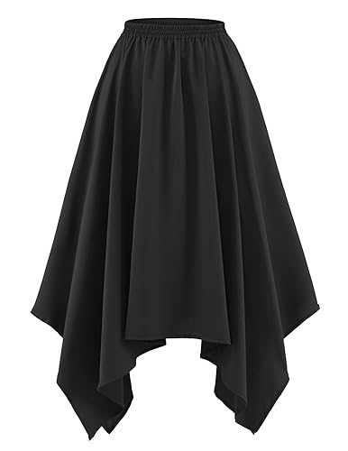 DRESSTELLS Damen Swing Rock Elastische Taille Einfarbig Faltenrock Knielang A-Linie Unregelmäßiger Rocksaum Black M von DRESSTELLS