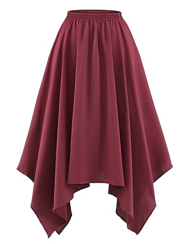 DRESSTELLS Damen Swing Rock Elastische Taille Einfarbig Faltenrock Knielang A-Linie Unregelmäßiger Rocksaum Burgundy 2XL von DRESSTELLS