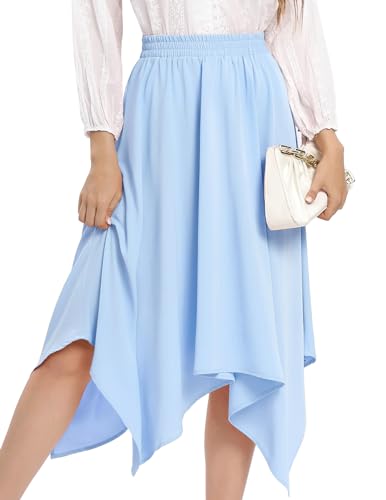 DRESSTELLS Damen Swing Rock Elastische Taille Einfarbig Faltenrock Knielang A-Linie Unregelmäßiger Rocksaum LightBlue M von DRESSTELLS