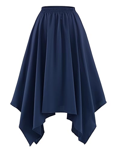 DRESSTELLS Damen Swing Rock Elastische Taille Einfarbig Faltenrock Knielang A-Linie Unregelmäßiger Rocksaum Navy 2XL von DRESSTELLS