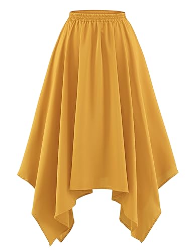 DRESSTELLS Damen Swing Rock Elastische Taille Einfarbig Faltenrock Knielang A-Linie Unregelmäßiger Rocksaum Turmeric L von DRESSTELLS