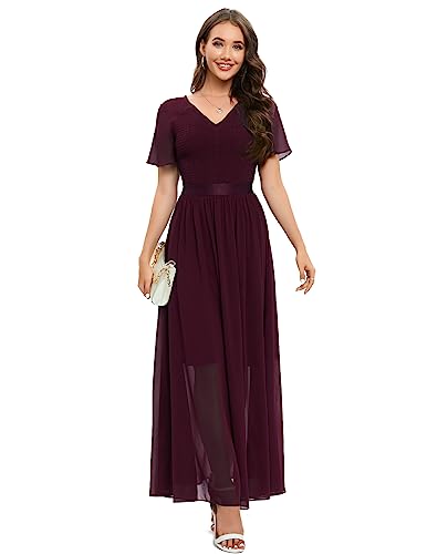 DRESSTELLS Damen V-Ausschnitt Cocktailkleid Abendkleider Elegant für Hochzeit Festliche Kleider Kurzarm Brautjungfernkleid Burgundy L von DRESSTELLS