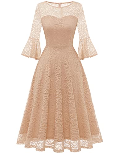 DRESSTELLS Damen Vintage Cocktailkleid 3/4 Ärmel Hochzeit Party Brautjungfernkleid Knielang Abendkleid Ballkleid Champagne 3XL von DRESSTELLS