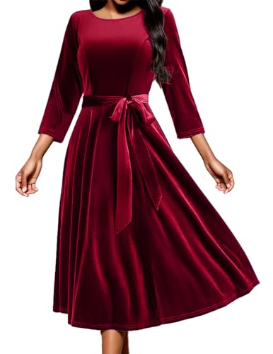 DRESSTELLS Damen Vintage Retro Cocktailkleid Samt Party Kleider 2023 Winter Formal Kleid 3/4 Arm Winterkleid Velvet DarkRed L von DRESSTELLS