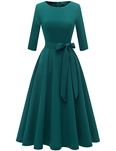 DRESSTELLS Damen Vintage Retro Kleid Rundausschnitt 3/4 Arm Cocktailkleid Elegant Abendkleid Festlich Ballkleid Swing A-Line Midilang Abendkleid Turquoise 3XL von DRESSTELLS