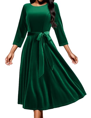 DRESSTELLS Damen Vintage Retro Cocktailkleid Samt Party Kleider 2023 Winter Formal Kleid 3/4 Arm Winterkleid Velvet DarkGreen S von DRESSTELLS