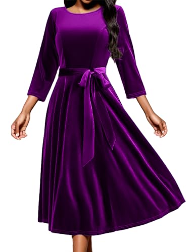 DRESSTELLS Damen Vintage Retro Cocktailkleid Samt Party Kleider 2023 Winter Formal Kleid 3/4 Arm Winterkleid Velvet Grape S von DRESSTELLS