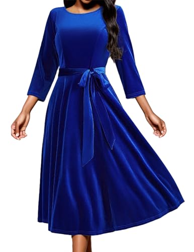 DRESSTELLS Damen Vintage Retro Cocktailkleid Samt Party Kleider 2023 Winter Formal Kleid 3/4 Arm Winterkleid Velvet Royalblue S von DRESSTELLS