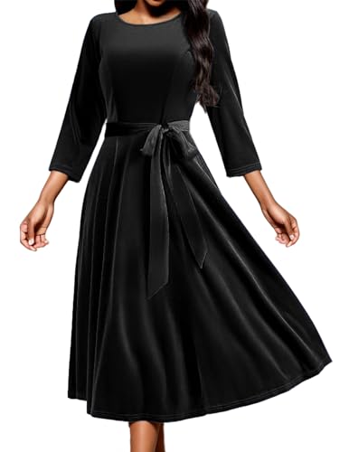 DRESSTELLS Damen Vintage Retro Cocktailkleid Samt Party Kleider mit Gürtel 2023 Winter Formal Kleid 3/4 Arm Winterkleid Velvet Black S von DRESSTELLS