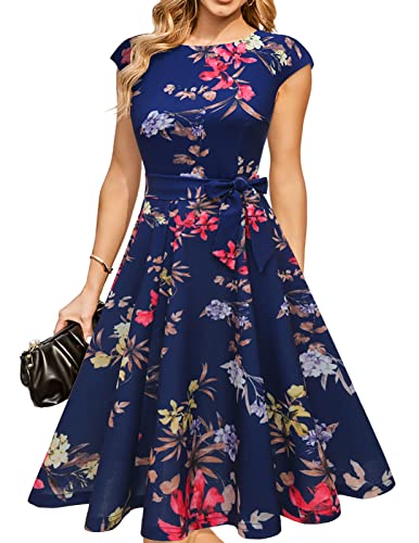 DRESSTELLS Cocktailkleid Damen Elegant 1950er Knielang Rockabilly Hochzeitkleid Abendkleid Kurz Vintage A-Line Swing Festlich Midilang Sommer Kleid Navy Flower XL von DRESSTELLS