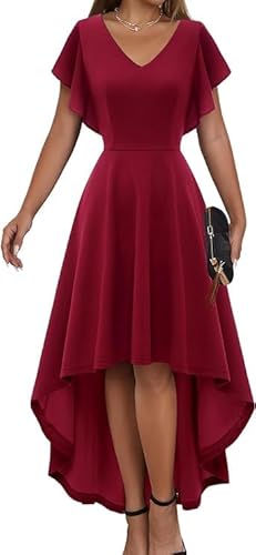 DRESSTELLS Elegant Damen Ballkleid Bescheiden Cocktaikleid Solide A-Linie Abendkleid High Low Swing Kleid Midilang Dark Red L von DRESSTELLS