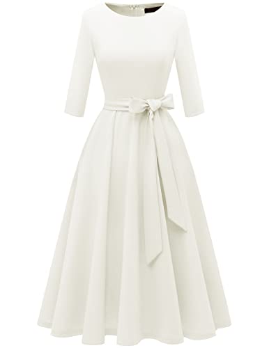 DRESSTELLS Damen Vintage Retro Kleid Rundausschnitt 3/4 Arm Cocktailkleid Elegant Abendkleid Festlich Ballkleid Swing A-Line Midilang Abendkleid White L von DRESSTELLS