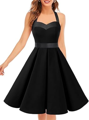 DRESSTELLS Cocktailkleid Damen Festlich Neckholder Sommerkleid Vintage Abendkleider Elegant Für Hochzeit Große Größen Partykleid Knielang Tanzkleid Rockabilly Kleider Black 2XL von DRESSTELLS