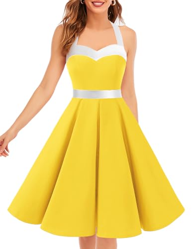 DRESSTELLS Cocktailkleid Damen Festlich Neckholder Sommerkleid Vintage Abendkleider Elegant Für Hochzeit Partykleid Knielang Gelb Tanzkleid Rockabilly Kleider Yellow M von DRESSTELLS