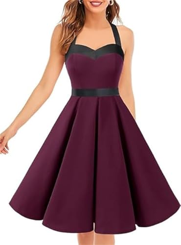 DRESSTELLS Cocktailkleid Damen Festlich Neckholder Sommerkleid Vintage Abendkleider Elegant Für Hochzeit Partykleid Knielang Tanzkleid Rockabilly Kleider Burgundy Black S von DRESSTELLS