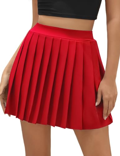 DRESSTELLS Plissee Rock Damen Kurz Minirock High Waist Tennisrock Knielang Rot Gothic Sommerrock Elegant Y2K Pleated Skirt Party Rüsche Röcke Faltenrock Red XL von DRESSTELLS