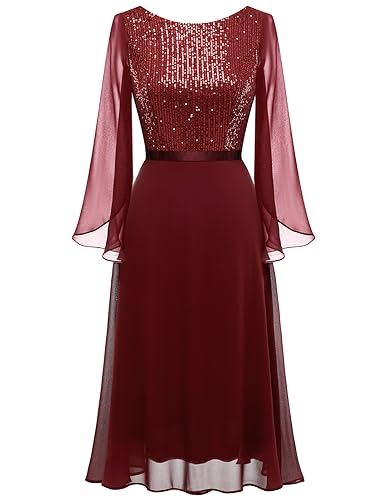 DRESSTELLS Festliches Kleid Damen Pailletten Kleid Knielang Ballkleid Glitzer Partykleid Abendkleider Elegant für Hochzeit Burgundy XL von DRESSTELLS