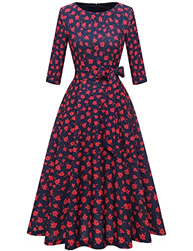 DRESSTELLS Festliches Kleid Damen Vintage Retro Kleider Rockabilly Kleid Blumenkleider Herbstkleid Winterkleid mit Gürtel Navy Small Red Flower XS von DRESSTELLS