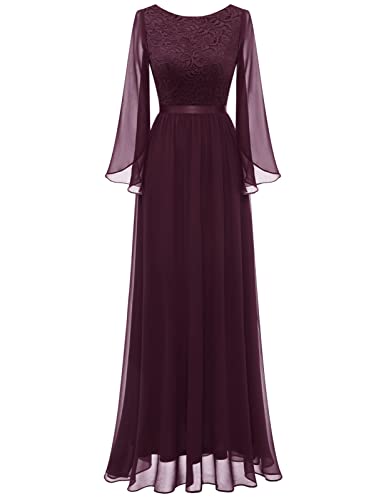 DRESSTELLS Cocktailkleid Damen Festliche Kleider Damen Elegant Spitzenkleid Chiffon Split Flare Ärmel Burgundy 2XL von DRESSTELLS