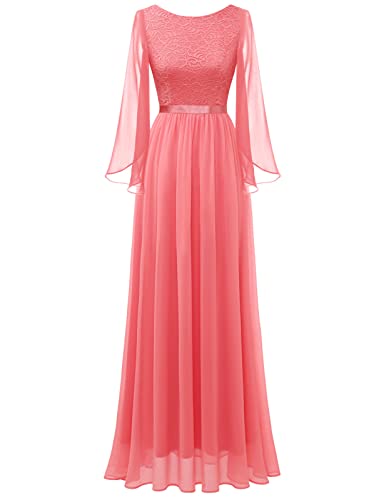 DRESSTELLS Formelle Brautjungfer Kleid Abendkleider für Abschlussball Hochzeitsfeier Chiffon Split Flare Ärmel Coral 2XL von DRESSTELLS