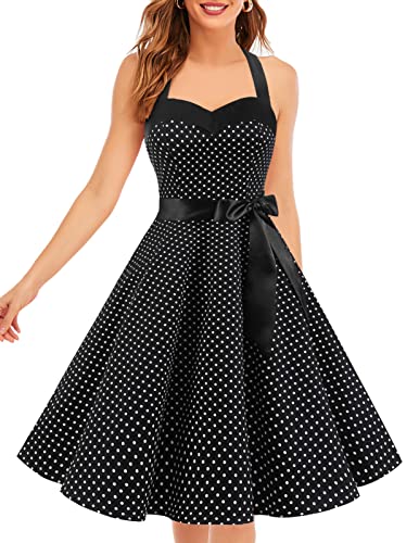 DRESSTELLS Karnevalskostüme Frauen Neckholder Rockabilly 1950er Polka Dots Punkte Vintage Retro Cocktailkleid Petticoat Faltenrock Black Small White Dot 2XL von DRESSTELLS