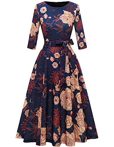 DRESSTELLS Damen Abendkleid 3/4 Arm Festliches Partykleid 1950s Retro Kleid Brautmutterkleid mit Gurtel Retro Faltenrock Knielang Midilang Abendkleid Navy Yellow Flower S von DRESSTELLS