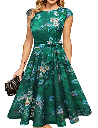 DRESSTELLS Cocktailkleid Damen Elegant 1950er Knielang Rockabilly Hochzeitkleid Abendkleid Kurz Vintage A-Line Swing Festlich Midilang Sommer Kleid Green Flower L von DRESSTELLS