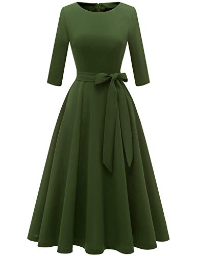 DRESSTELLS Damen Vintage Retro Kleider Elegant Swing A-Line Kleid Abendkleider Langarm Cocktailkleid Festlich Midilang Abendkleid kurz ArmyGreen M von DRESSTELLS