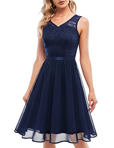 DRESSTELLS Knielanges Kleid Damen Cocktail-Party-Kleid Elegant Chiffon Abendkleider V-Ausschnitt Spitzen Brautjungfernkleider Ballkleid Navy 3XL von DRESSTELLS