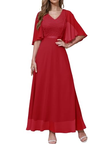 DRESSTELLS Festliche Abendkleid Damen Hochzeit Rot Spitzenkleid Brautkleid Standesamt Chiffon Cape Ärmel Elegant Lang Festliches Partykleid Red S von DRESSTELLS