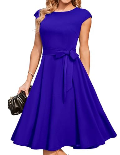 DRESSTELLS Cocktailkleid Damen Elegant 1950er Knielang Rockabilly Hochzeitkleid Königsblau Vintage A-Line Swing Festlich Midilang Sommer Kleid Royalblue L von DRESSTELLS