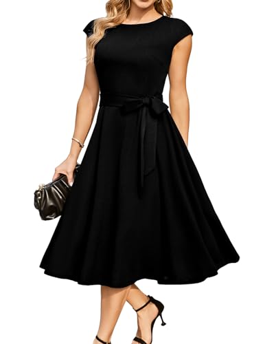 DRESSTELLS Damen Elegant Hochzeitkleid 1950er Vintgae Retro Cocktailkleid A-Line Swing Festlich Knielang Kleid Black 2XL von DRESSTELLS