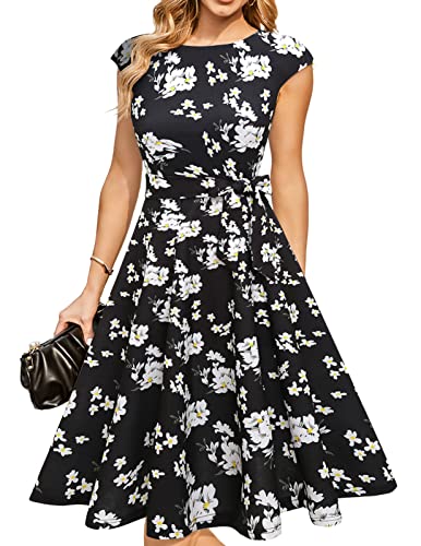 DRESSTELLS Damen A-Line Swing Festlich Knielang Hochzeit Cocktailkleid Rundhald Cape Arm Weihnachtskleidid Black White Flower M von DRESSTELLS