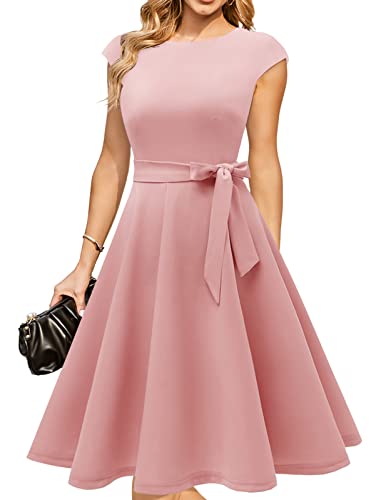 DRESSTELLS Cocktailkleid Damen Elegant 1950er Knielang Rockabilly Hochzeitkleid Vintage Abendkleid Kurz A-Line Swing Festlich Midilang Sommer Kleid Blush 3XL von DRESSTELLS