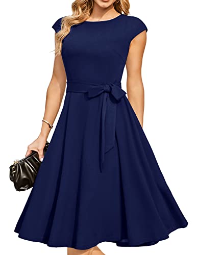 DRESSTELLS Damen Elegant Hochzeitkleid 1950er Vintgae Retro Cocktailkleid A-Line Swing Festlich Knielang Kleid Navy 2XL von DRESSTELLS