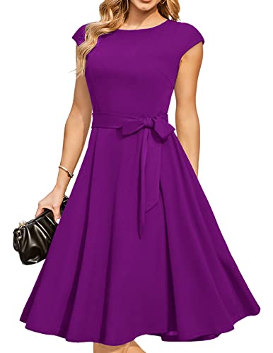 DRESSTELLS Damen Elegant Hochzeitkleid 1950er Vintgae Retro Cocktailkleid A-Line Swing Festlich Knielang Kleid Purple 2XL von DRESSTELLS