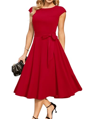 DRESSTELLS Damen Elegant Hochzeitkleid 1950er Vintgae Retro Cocktailkleid A-Line Swing Festlich Knielang Kleid Red 2XL von DRESSTELLS