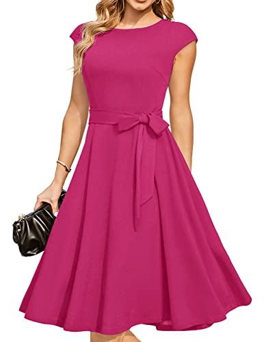 DRESSTELLS Cocktailkleid Damen Rosa Elegant 1950er Knielang Rockabilly Hochzeitkleid Vintage A-Line Swing Festlich Midilang Sommer Kleid Abendkleid Kurz Rose M von DRESSTELLS
