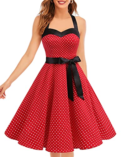 DRESSTELLS Damen Rot Neckholder Rockabilly 1950er Polka Dots Punkte Vintage Retro Cocktailkleid Faltenrock Red Small White Dot 3XL von DRESSTELLS