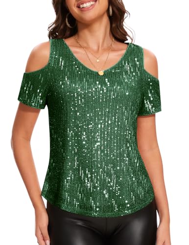 DRESSTELLS Pailletten Oberteil Damen Glitzer Shirt Grünes Schulterfreies Metallic Top Elegant Festliche Blusen Sommer Party Outfit Dark Green M von DRESSTELLS