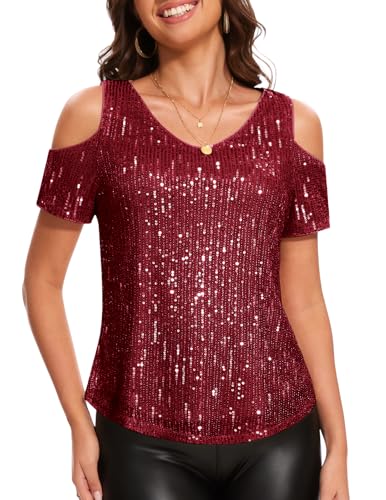 DRESSTELLS Pailletten Oberteil Damen Glitzer Shirt Schulterfreies Metallic Top Elegant Festliche Blusen Disco Sommer Party Outfit Burgundy L von DRESSTELLS