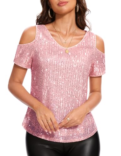 DRESSTELLS Pailletten Oberteil Damen Rosa Glitzer Shirt Schulterfreies Metallic Top Elegant Festliche Blusen Sommer Party Outfit Pink XL von DRESSTELLS