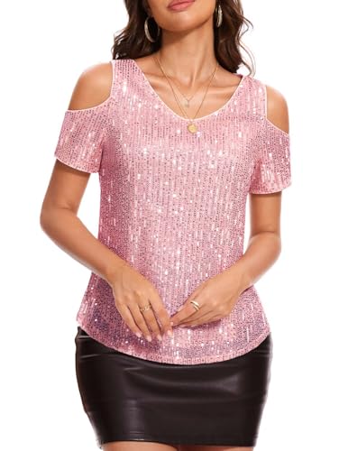 DRESSTELLS Pailletten Oberteil Damen Rosa Glitzer Shirt Schulterfreies Metallic Top Elegant Festliche Blusen Sommer Party Outfit Pink XL von DRESSTELLS