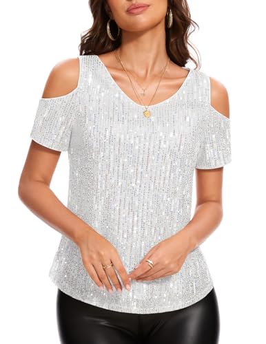 DRESSTELLS Pailletten Oberteil Damen Glitzer Shirt Schulterfreies Metallic Top Elegant Festliche Blusen Sommer Party Outfit White Silver S von DRESSTELLS