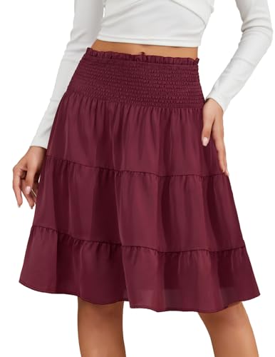 DRESSTELLS Plisseerock Damen midi Elegent Boho Faltenrock Elastisch Chiffon Sommerrock Unterrock Burgundy L von DRESSTELLS