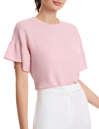 DRESSTELLS Pullover Damen Kurzarm Sommer Pink Women's Top Shirt Elegant Rundhals Rippstrick Oberteil Stretch Casual Frühling Tops Pink M von DRESSTELLS