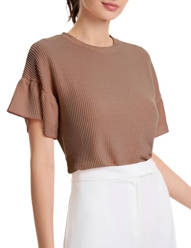 DRESSTELLS Pullover Shirt Khaki Damen Kurzarm Sommer Top Elegant Rundhals Rippstrick Oberteil Stretch Casual Frühling Tops Caramel XL von DRESSTELLS